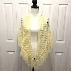 Vintage Hippy Crocheted Ivory Fall Winter Fringe Shawl Wrap Coverup One Size